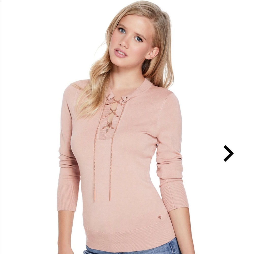 GUESS Chain Lace Up Sweater Pink Rose Gold L